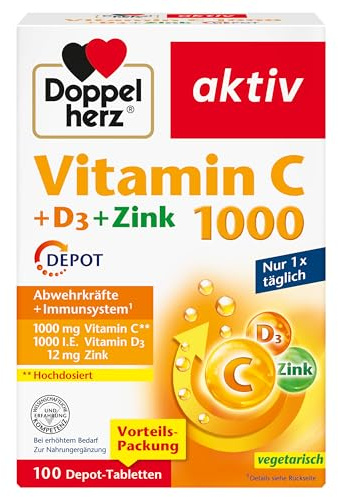 Doppelherz Vitamin C 1000 + D3 + Zink - Hochdosiert mit Vitamin C und Vitamin D zur Unterstützung des Immunsystems und zum Schutz der Zellen - 100 DEPOT-Tabletten
