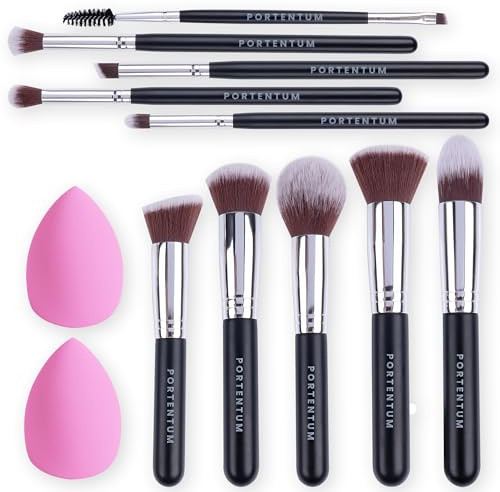 PORTENTUM Pinselset Makeup Professionelles 10+2 Stück - Foundation Make up Pinsel Set Premium Puderpinsel Lidschatten Blush Schminkpinsel Set Beauty Schwamm