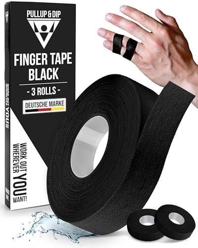 PULLUP & DIP Fingertape extra stark, 3 Rollen (30m) Finger Tape, hautfreundliches Sporttape, Handtape für Kraftsport, Bjj, Handball Zubehör, Klettertape Finger, Torwart Training (Schwarz)