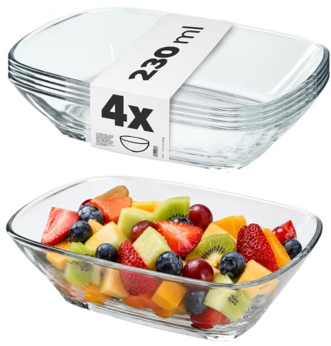 KADAX 4er Set Glasschüssel, 230ml Salatschüssel aus Glas, Spülmaschinenfeste Obstschale, Snackschale für Mahlzeiten und Partys, Glasschale zum Servieren von Salat (14,3x10,5cm,)