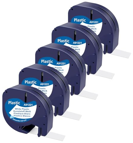 CNMTCCO 5x Etikettenband kompatible für Dymo Letratag 12mm x 4m, Kunststoff Schriftband für Dymo Beschriftungsgerät LT-100H LT-100T 200B XR 91221 S0721660, Schwarz auf Weiß