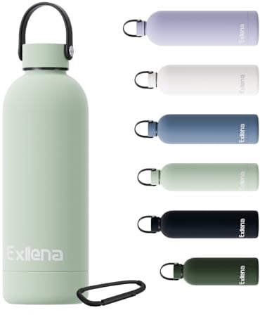 Exllena Trinkflasche Edelstahl mit Griff & Karabiner–500ml/750ml/1L/1,5L isolierte Thermosflasche, 100% auslaufsicher und BPA-frei, Wasserflasche thermo für Sport, Büro & Alltag (Flechtengrün,500ML)