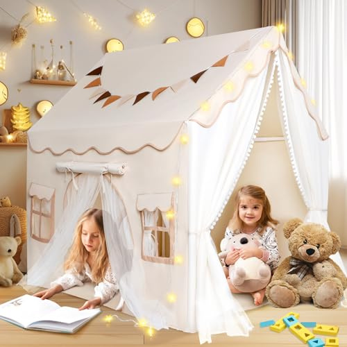 Herenear Kinderzelt mit 2 Eingängen, Spielzelt Kinder Indoor mit Lichtern und Zeltunterlage, Spielhaus Kinderhaus Innenbettzelt, Zelt Kinderzimmer Dekor für Kleinkinder (Beige)