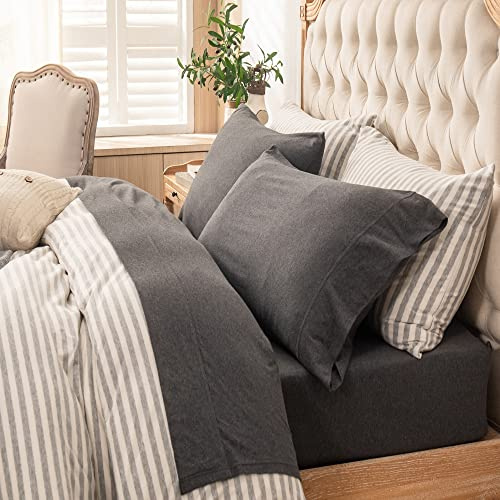 Pure ERA Jersey-Strick-Bettlaken-Set, 100% Baumwolle, superweich, bequem, atmungsaktiv, passend für Matratzen bis zu 50,8 cm, extra Tiefe Taschen, Anthrazitgrau, Queensize-Bett