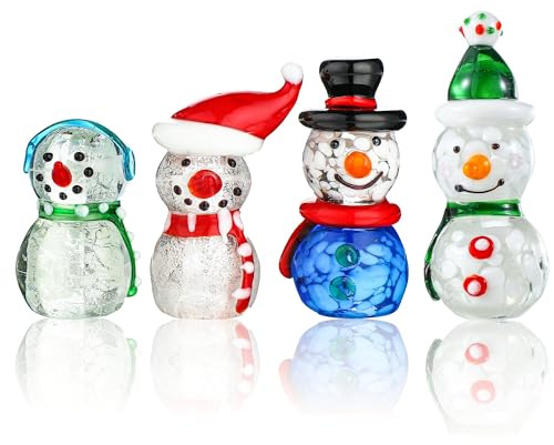HDCRYSTALGIFTS Set mit 4 sammelbaren weihnachtlichen Schneemann-Figuren aus mundgeblasenem Glas - Festivaldekoration - Weihnachtsgeschenke