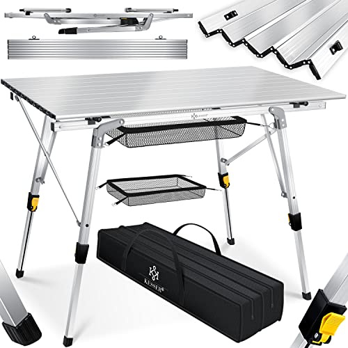 KESSER® Campingtisch faltbar Klapptisch mit Aluminiumrahmen Aufrollbare Tischplatte Falttisch klappbar Höhenverstellung 120x70cm - bis 100kg inkl. Tragetasche mit Trageband & Netztasche, Silber