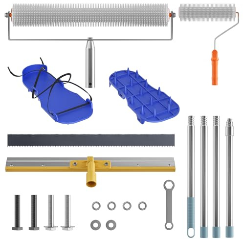 Zyncove Bodenbeschichtung Set, 508 mm große Entschäumungsrolle für selbstnivellierende Böden mit abnehmbarem 1,6 m langem Verlängerungsgriff, gezackter Rakel und Stachelschuhen, großflächige Rakel