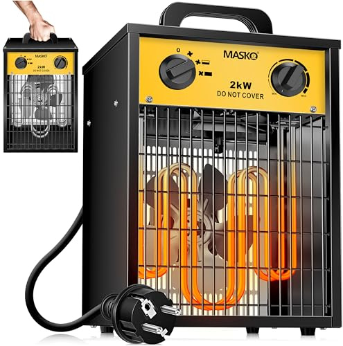 MASKO® Elektroheizer Heizlüfter Bauheizer Keramik Heizstrahler elektrisch Heizgerät mit Thermostat Elektroheizer mit 3 Heizstufen, Heizgebläse für Innen- und Außeneinsatz (Gelb, 2 KW - Eckig)