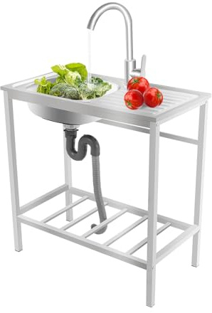 LKHDONG Freistehende Spültisch Edelstahl Spüle 1 Becken Spülbecken Waschbecken mit Unterschrank Küchenspüle mit Workbench & Wasserhahn