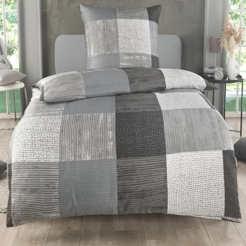 Kuscheli Bettwäsche 135x200 2 teilig - Mikrofaser Bettbezug 135x200 cm + Kissenbezug 80x80 cm - atmungsaktiver Stoff mit Reißverschluss - für Einzelbett - modernes Karo Design Grau