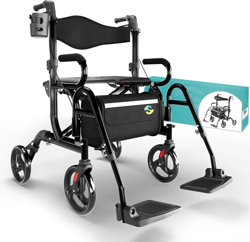 Helavo 2 in 1 Rollator & Rollstuhl in Einem - Faltbarer Rollator mit Fußstützen - Umbaubar zum Transport-Stuhl
