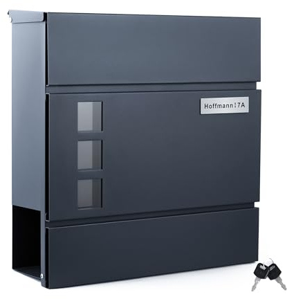 Zedelmaier Personalisiert Briefkasten mit Edelstahl Namensschild Wandbriefkasten Postkasten Briefkästen mit Zeitungsfach 2 Schlüsseln und Schloss Mailbox Anthrazit personalisierbar 33 X 31 X 10 cm