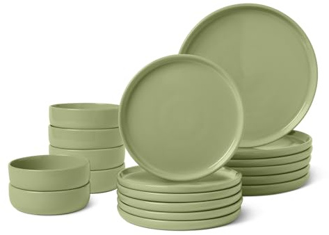 Amazon Basics Glasiertes Steingutgeschirr, 18-Teiliges Set, 6 Komplette Gedecke, Spülmaschinenfest, Olivgrün