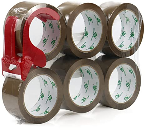 BOMEI PACK Paketklebeband Braun mit Plastik Abroller, 6 Rollen Packband 48mm 66m