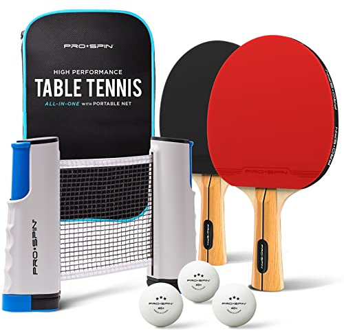 PRO-SPIN Tischtennisschläger Set - Mit Tischtennisnetz Für Jeden Tisch, Tischtennis bälle 3-Sterne, Tasche/Hülle | Ausziehbares Mobiles Tischtennis Netz (Rot, Set für 2 Spieler)