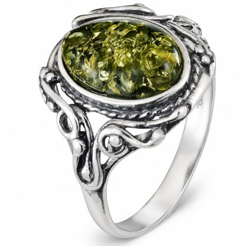 Holiday Gift Shops Erwachsenenring Georgine aus Sterlingsilber und baltischem grünem Bernstein - GIA-Zertifiziert - Größe 19.5
