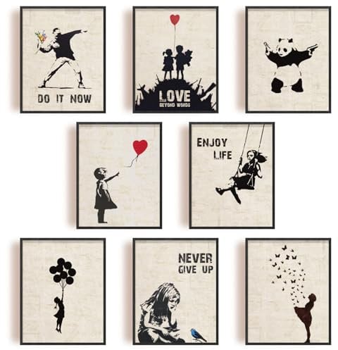 INFUNLY 9er Set Banksy Wand Kunstdruck Ungerahmt Graffiti Street Leinwand Wandkunst Inspirierende Zitate Panda Bild Abstrakt Street Pop Art Wandposter 8x10 für Schlafzimmer Wohnzimmer