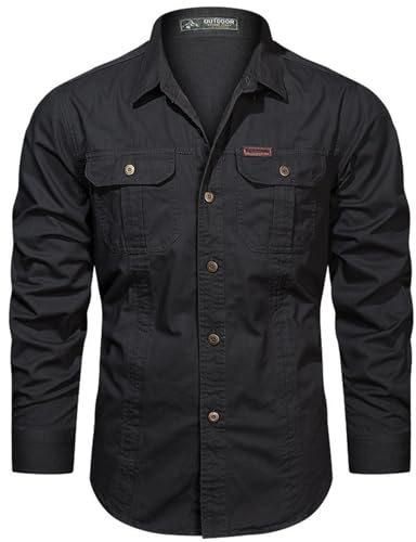PADOLA Hemd Herren Baumwolle Hemden Langarm Slim Fit Cowboyhemd Stehkragen Westernhemd Taktisches Hemd Outdoor Arbeitshemd Safarihemd Einfarbige Freizeithemden
