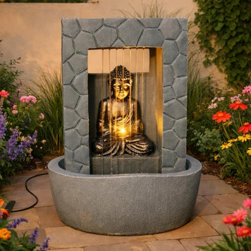 Festive Lights 43cm LED Buddha Solar Springbrunnen Grau Stein Optik Solar und USB Betrieb Solar Brunnen Garten für Innen und Außen Solar Brunnen für draussen Wasserspiel