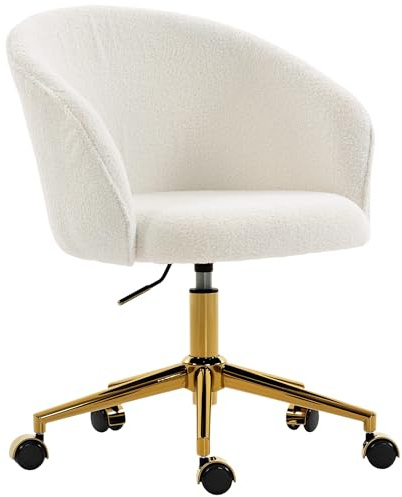 HOMCOM Ergonomischer Bürostuhl Teddy Fleece, Drehsessel, Frisierstuhl mit Verstellbarer Höhe, breite Sitzfläche und vergoldetes Stahlgestell, für Büro, Wohnzimmer, Schlafzimmer, cremefarben