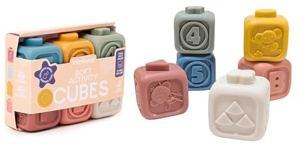 Miniland – Soft Activity Cubes: Sensorische Silikonwürfel für Babys mit Texturen, Geräuschen und Reliefs für multisensorisches Spielen, ab 6 Monaten