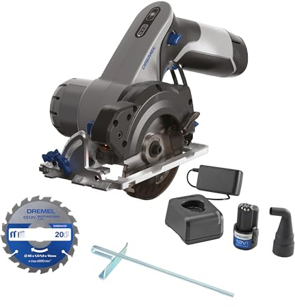 Dremel Blueprint 12V Akku-Kompaktkreissäge mit bürstenlosem Motor mit Laser-Linienführung, Führung für Schrägschnitte 1 Multimaterial-Kreissägeblatt, 1 2.0 Ah Akku+Ladegerät Parallelanschlag CS12V-S1