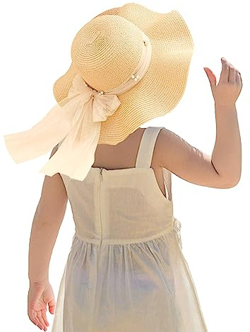 Kunyeah Mädchen Strohhut Mütze mit breiter Krempe Sonnenblende Hüte Bowknot Sonnenhut für den Urlaub Reise Outdoor-Aktivitäten