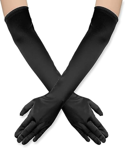 Hatstar Handschuhe Damen lang, Schwarz, elegante Abendhandschuhe aus Satin im 1920er Stil, Kostüm Accessoire für Karneval, Fasching, Halloween, Hochzeit und Oper