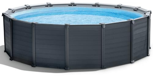 INTEX Graphite Gray Panel Pool rund Ø478x124cm Set Sandfilter (26384GS) | Panel-Rahmen in Graphitgrau, inkl. Sandfilteranlage SX1500 (4,5 m³/h), Sicherheitsleiter, Bodenplane und Abdeckplane