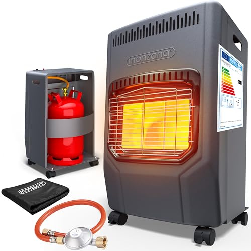 MONZANA® Gasheizung GH4500 Innenräume 4200W Gasofen 3 Heizstufen inkl. 50cm Gasschlauch Gasdruckregler Keramikheizplatten Camping Gasheizofen mobil