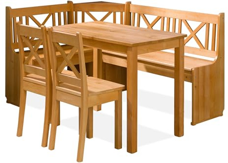 Eckbankgruppe CULIO Küchenbank, Sitzgruppe, hergestellt in der EU (Staufach unter der Sitzfläche, 4-tlg., Eckbank, 2 Stühle und Tisch), perfekt für Küche, Massives Erlenholz, Landhaus (natürlich)
