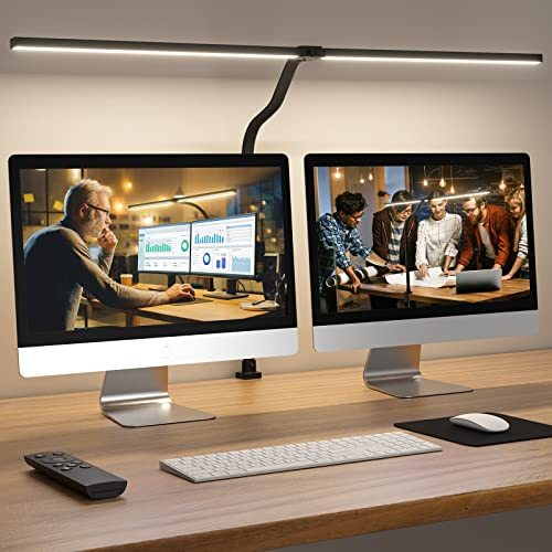 APMIEK Doppelkopf Schreibtischlampe LED Dimmbar, 24W 80CM Klemmbar Tageslichtlampe Schreibtisch Lampe, Schwanenhals Büro Tischlampe Augenschutz Arbeitsplatzleuchte Monitor Lampe, schwarz