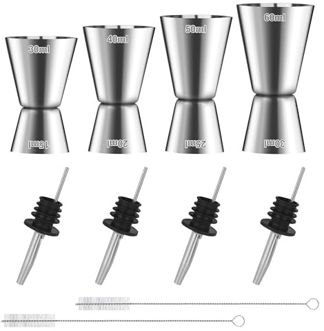 4 Stück Cocktail Messbecher, Edelstahl Barmaß 3cl/4cl/5cl/6cl, Dual Gin Messbecher mit 4 Flaschenausgießern & 2 Pinseln, Doppelmaß Bar Cup Set für Bar Party Wein Drink und Cocktails Shaker