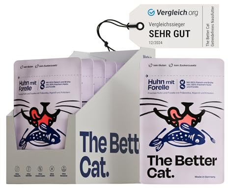 The Better Cat - Getreidefreies Nassfutter mit extra hohem Fleischanteil - Premium Katzenfutter ohne Getreide und ohne Zucker mit Präbiotika (Huhn & Forelle) 12x85g