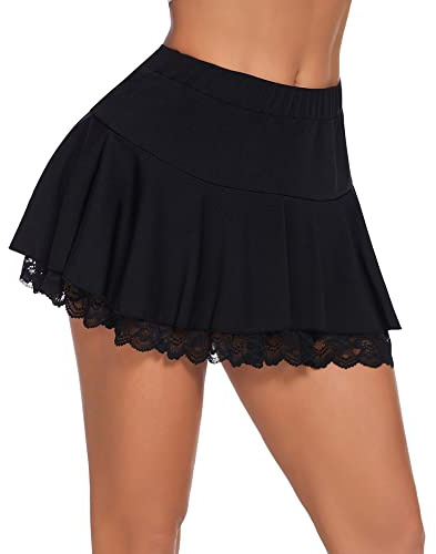 Avidlove Damen Mini Röcke Sommer Solide Faltenrock Spitze Ruffle Plisseerock Kurz Sexy Minirock Basic Gefaltet Rock Elastisch Skater Skirt Schwarz L