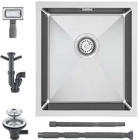 KEOKBON 40 x 45 cm Klein Spüle Küche Edelstahl Inkl. Siphon Über und Ablauf | 15cm Tiefe, 304 Edelstahl, Kompakte Spülbecken Küche für Arbeitsplatten ab 50cm, Handgefertigte Küchenspüle, 1 Becken