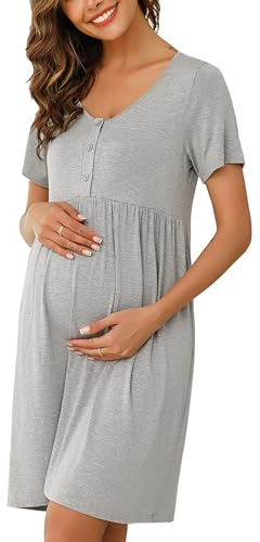 Bresdk Stillnachthemd Damen Kurzarm Baumwolle Nachthemd mit Knopfleiste | Elastischer Schnitt, V-Ausschnitt, drei Frontknöpfe, erleichtert Stillen, für Schwangerschaft Wochenbett und Stillzeit