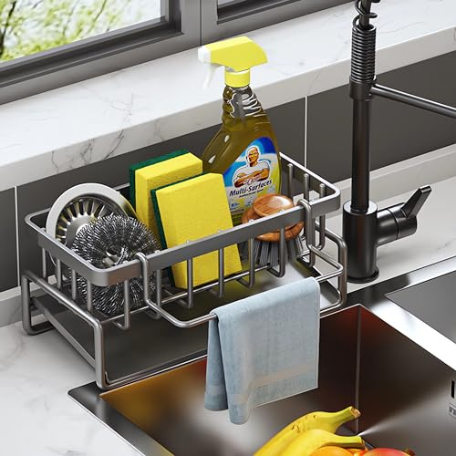 ViWaVee Spülbecken Organizer, Spüle Küchen Organizer Mit Selbstentleerender Ablaufwanne for Schwammhalter, Handtuchhalter, Spültuchhalter, Super Organizer für Küche und Badezimmer. (Grau)