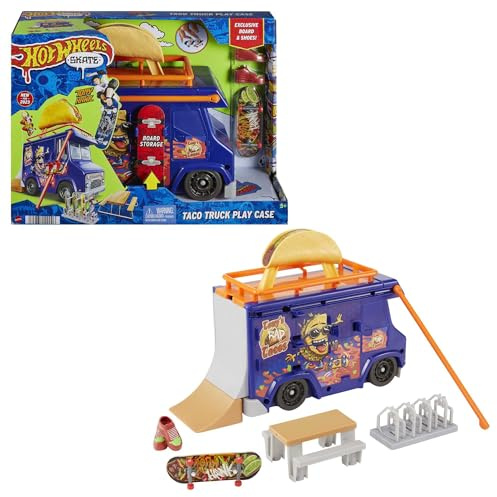 Hot Wheels Skate Taco-Truck Spielkoffer - Mit herausziehbarem Geländer für Coole Skate-Tricks, inklusive exklusivem Fingerboard und abnehmbaren Skateboard-Schuhen, Kinder ab 6 Jahren, HMK00