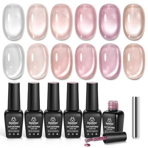 Beetles Cat Eye Gel-Nagellack Set, 6 Farben Jelly Shimmer Glas Nude Pink Lila Frühlings-Gel-Nagellack mit Magnet