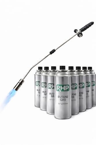 Unkrautbrenner RHP Unkrautvernichter 80cm, inkl 8 Butangaskartuschen je 227g, Gasbrenner mit Piezozündung, Abflammgerät max 1000 °C, Brenner Flamme regulierbar, Grillanzünder