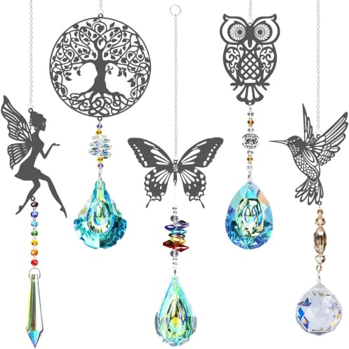 Sonnenfänger Kristall Windspiel,5 Stück Baum Eulen Kolibri Schmetterling Fee Anhänger ,Regenbogen Kristal,Fensterdeko Hängend für Zuhause Büro Garten Outdoor Deko