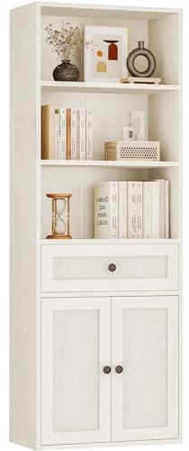 Coleshome Bücherregal mit Türen und Schrank Regal mit 5 Ebenen, Stehendes Etagenregal mit Schubladen zur Aufbewahrung und Präsentation für Zuhause, Büro, Wohnzimmer, Schlafzimmer, Weiß, 48x24x164.2