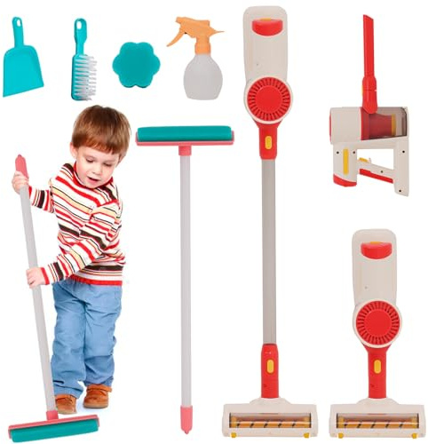 Kinder Staubsauger Spielzeug, 3 in 1 Realistische Absaugung Kinder Reinigung Spielzeug Set, Pretend Rolle Spielen Housekeeping Spielzeug Set, Schwamm Lappen Reinigungswerkzeuge (Rot)
