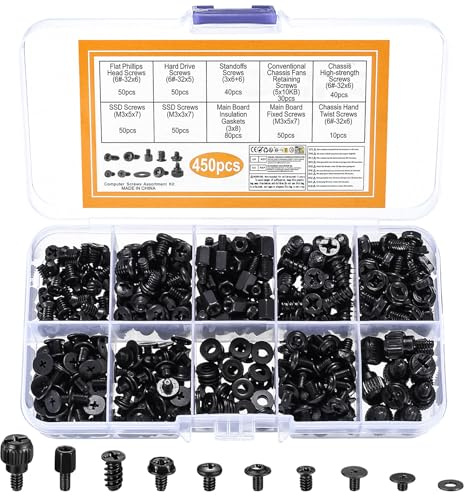 IYEREER 450Stk Schwarz PC Schrauben & Mainboard Abstandshalter Set | Reparaturschrauben für PC-Gehäuse, Laptop, Festplatte, CD-ROM und Lüfter mit passenden Distanzabstandshaltern