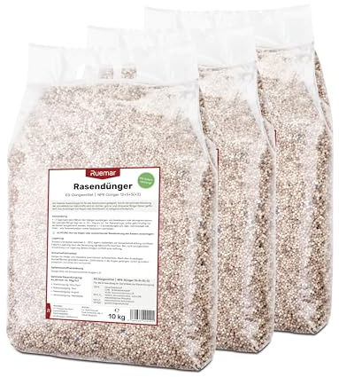 RUEMAR 30 kg (3x 10 kg) Rasendünger, nährstoffreicher Dünger für Rasen und Garten, wasserlösliches Granulat zum Streuen, für alle Rasensorten, Sofort- und Langzeitwirkung (3 Monate), EG Düngemittel