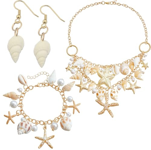 3-Teiliges Set Muschelkette, Muschel Armband, Muschel Ohrringe, Seestern Kette, Muschelkette Damen, Schmuck Set für Party, Halloween, Strandparty