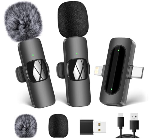 HMKCH 2 IN 1 Wireless Lavalier Mikrofon für Handy/iPhone/Computer, Drahtloses Ansteckmikrofon für Videoaufnahmen, Vlog, TikTok, YouTube, Rauschunterdrückung, Plug-Play Clip on Mikrofon-Sets
