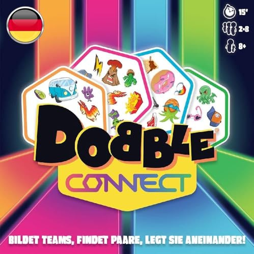 Asmodee, Dobble Connect, DE-Version, Familienspiel, Kartenspiel, Schnelles und lustiges Gesellschaftsspiel für die ganze Familie, 2-8 Spieler, ab 6 Jahren, 15 Minuten
