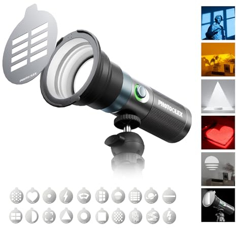 PHOTOOLEX LED Taschenlampe für Fotografie, 8400mAh Aluminium-Legierung Muster Umgebungslicht, 4 Farbe Füllen Licht mit 20 Magnetmuster Gobos, 10W Studio Licht perfekt für Foto, Video, Content Creation